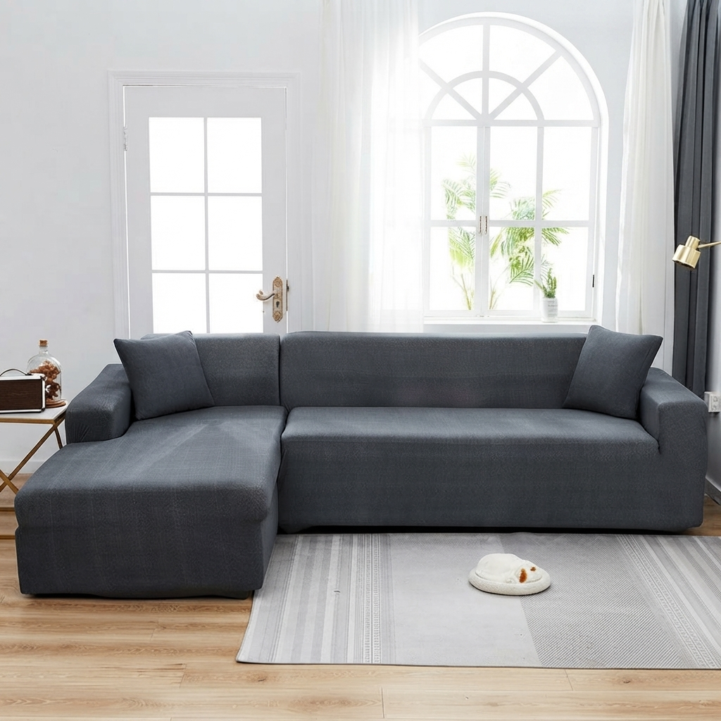Stretch-Bezug fürs Ecksofa in L-Form – Sprenkelmuster – Anthrazitgrau – Ansicht 1