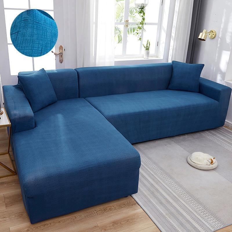 Stretch-Bezug fürs Ecksofa in L-Form – Kreuzmuster – Blau – Ansicht 1