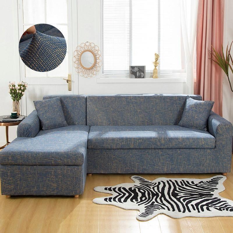 Stretch-Bezug fürs Ecksofa in L-Form – Kreuzmuster – Blau und Gold – Ansicht 1