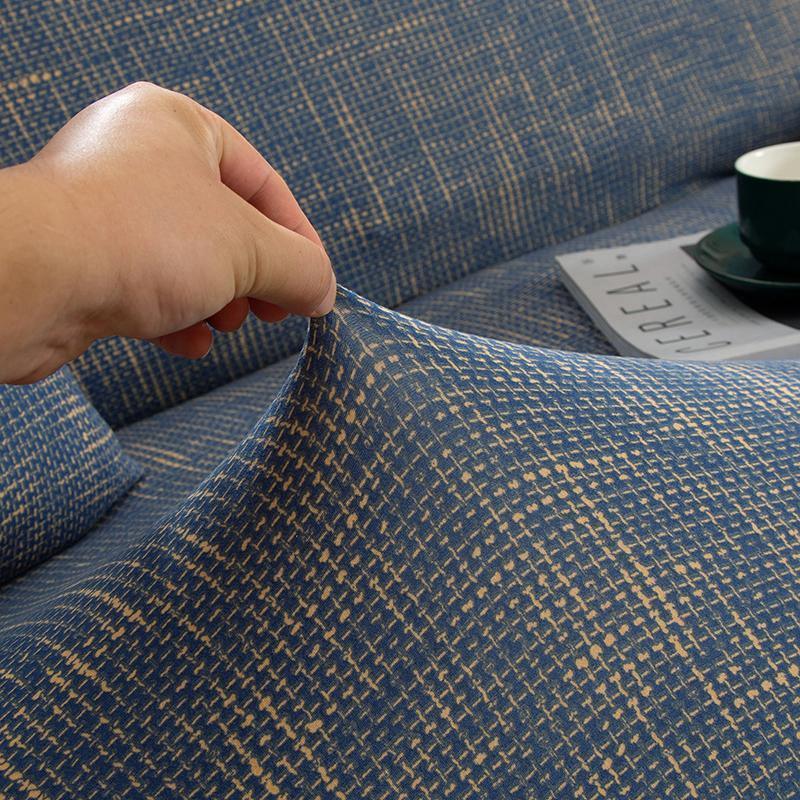 Stretch-Bezug fürs Ecksofa in L-Form – Kreuzmuster – Blau und Gold – Ansicht 3