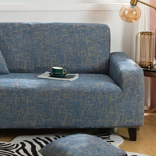 Stretch-Bezug fürs Ecksofa in L-Form – Kreuzmuster – Blau und Gold – Ansicht 5