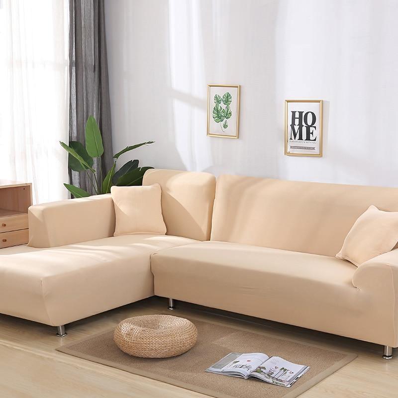 Stretch-Bezug fürs Ecksofa in L-Form – Leinenbeige – Ansicht 1