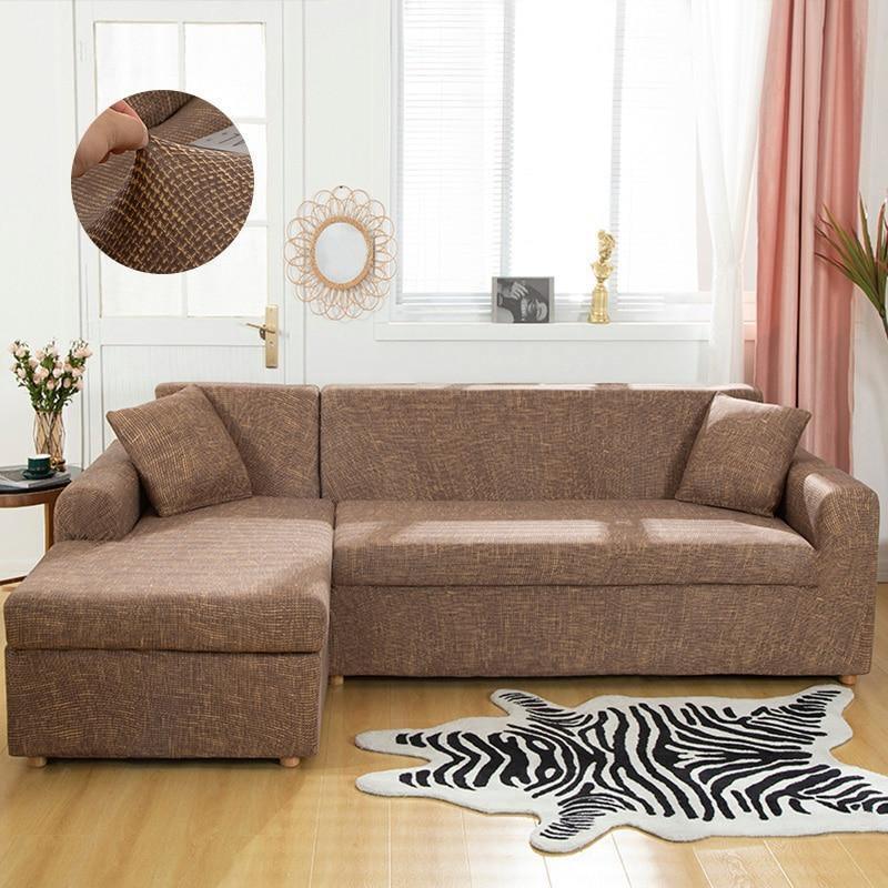 Stretch-Bezug fürs Ecksofa in L-Form – Sprenkelmuster – Braun und Gold – Ansicht 1