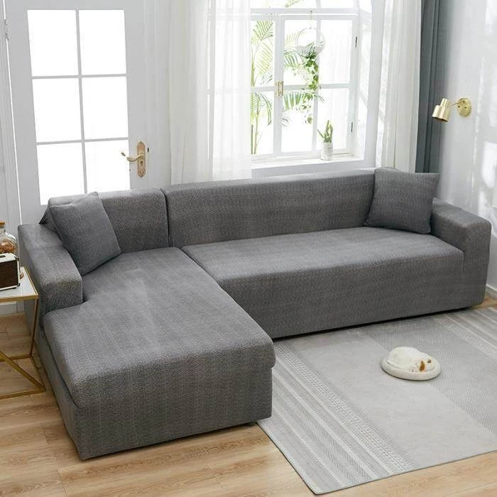 Stretch-Bezug fürs Ecksofa in L-Form – Sprenkelmuster – Grau – Ansicht 1
