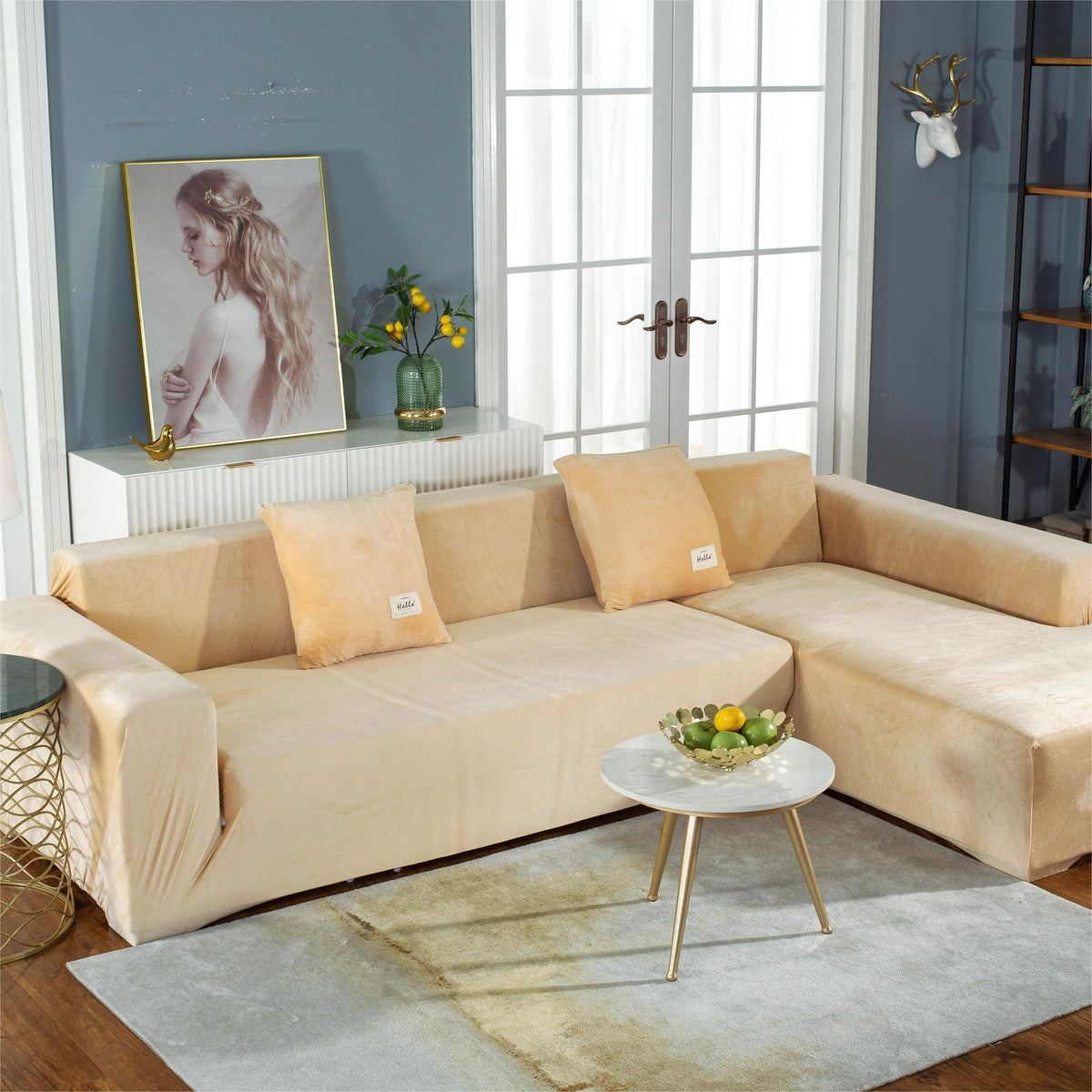 Ecksofa-Bezug aus Samt in L-Form – Beige – Ansicht 1