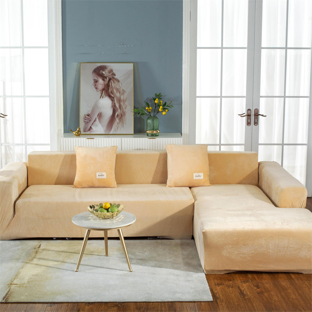 Ecksofa-Bezug aus Samt in L-Form – Beige – Ansicht 2