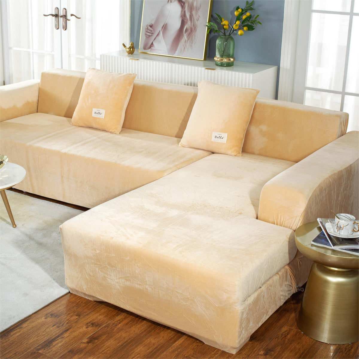 Ecksofa-Bezug aus Samt in L-Form – Beige – Ansicht 3