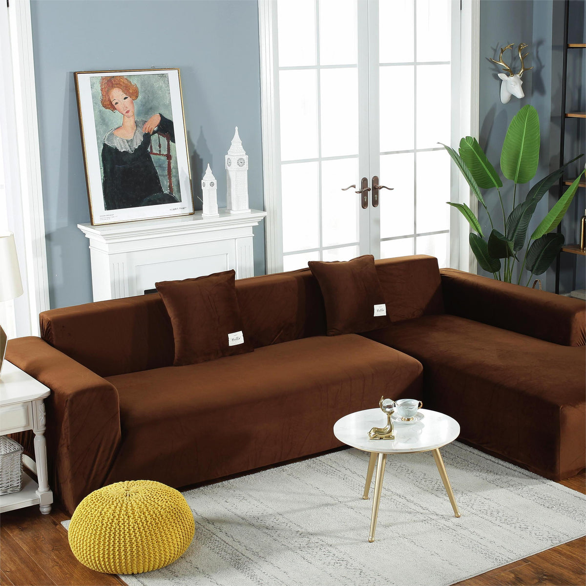 Ecksofa-Bezug aus Samt in L-Form – Braun – Ansicht 1