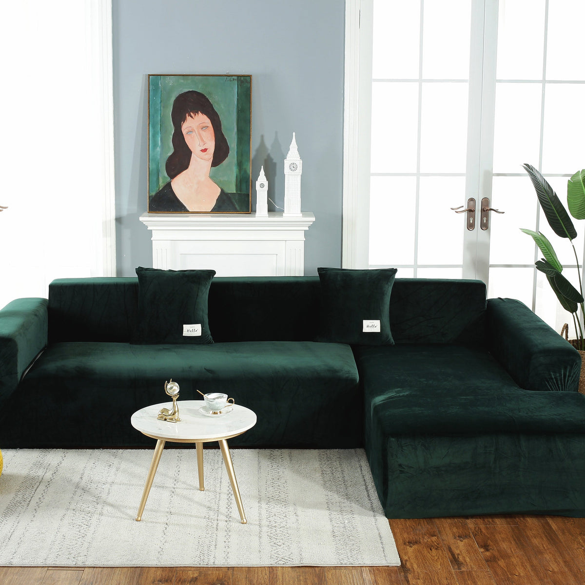Ecksofa-Bezug aus Samt in L-Form – Dunkelgrün – Ansicht 2
