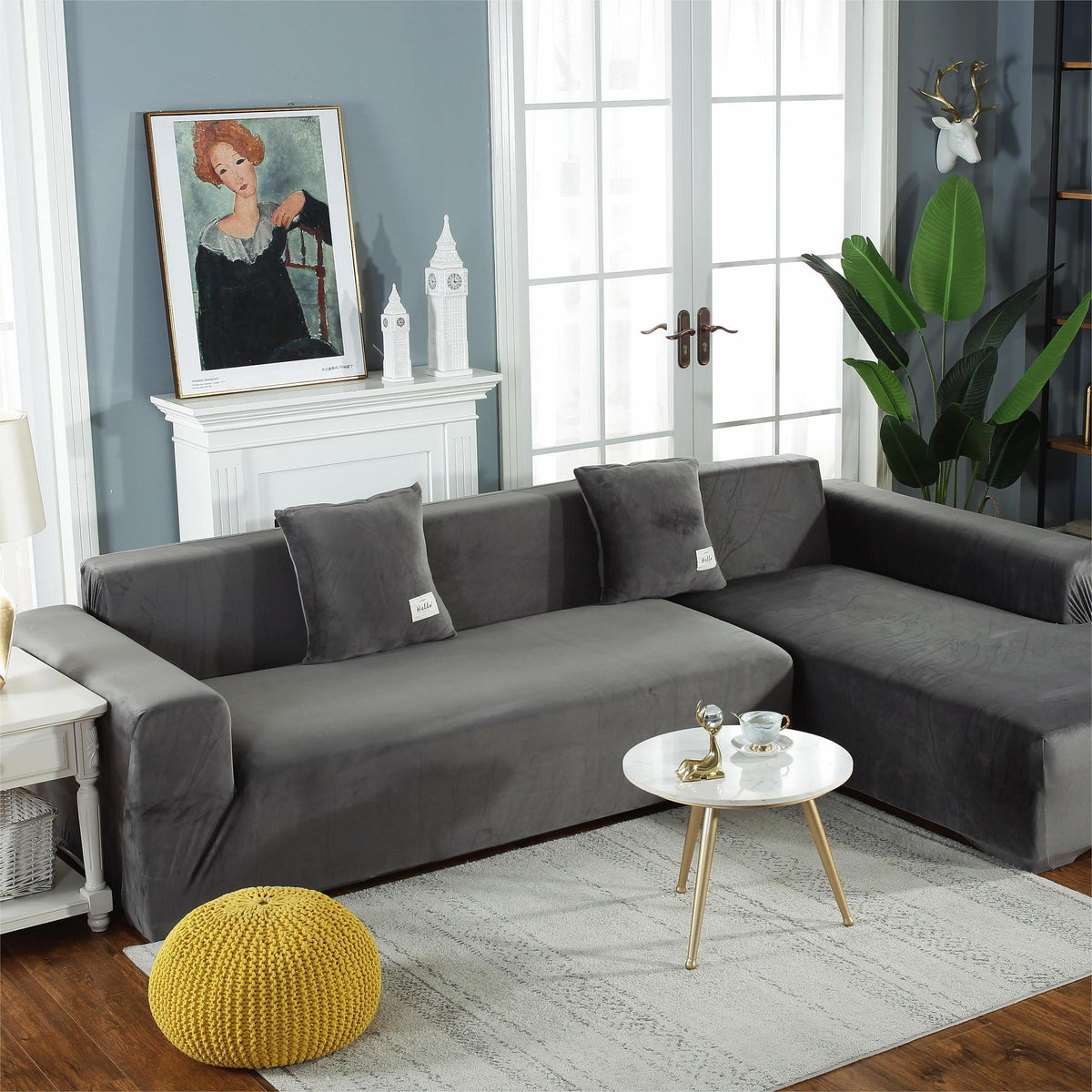 Ecksofa-Bezug aus Samt in L-Form – Grau – Ansicht 1