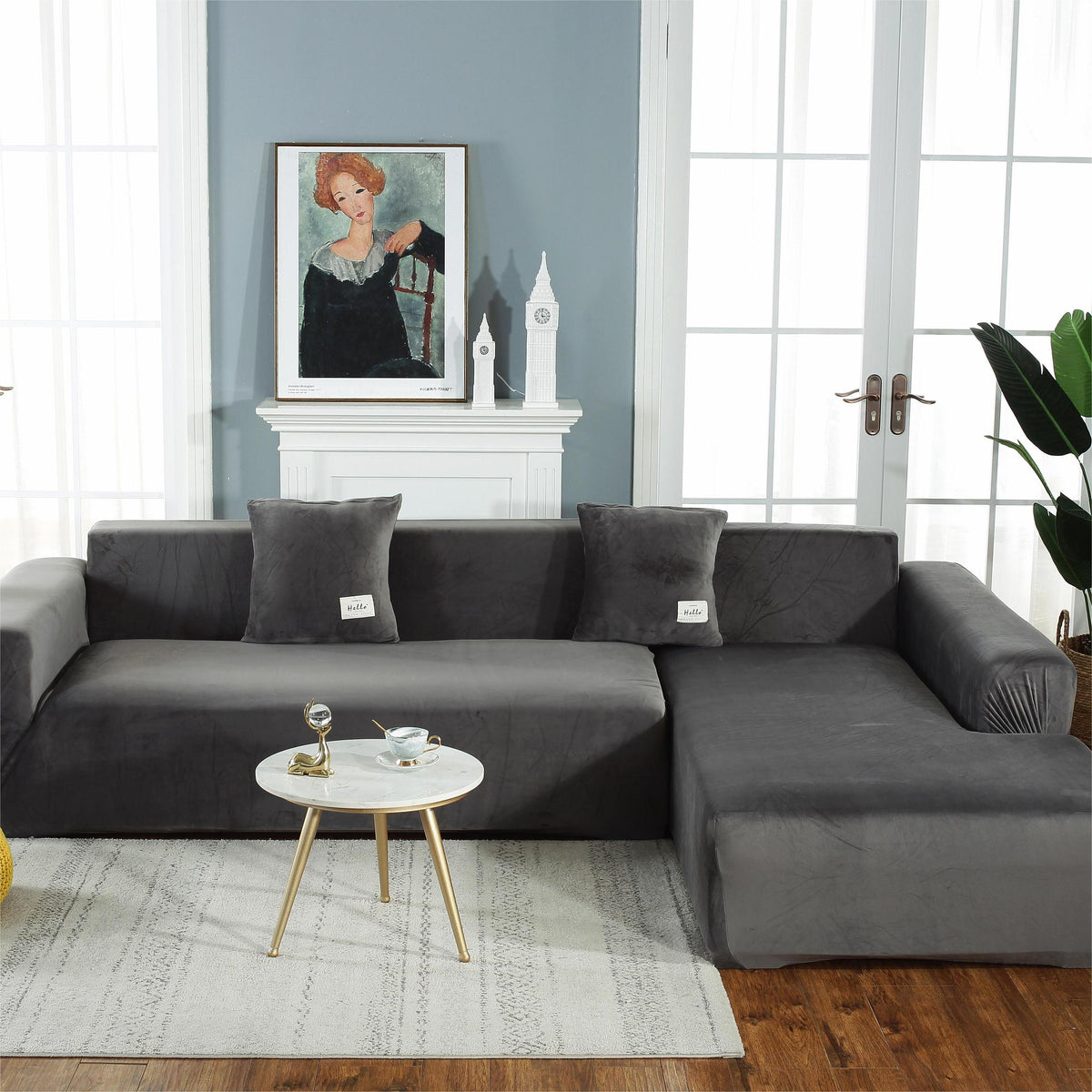 Ecksofa-Bezug aus Samt in L-Form – Grau – Ansicht 2