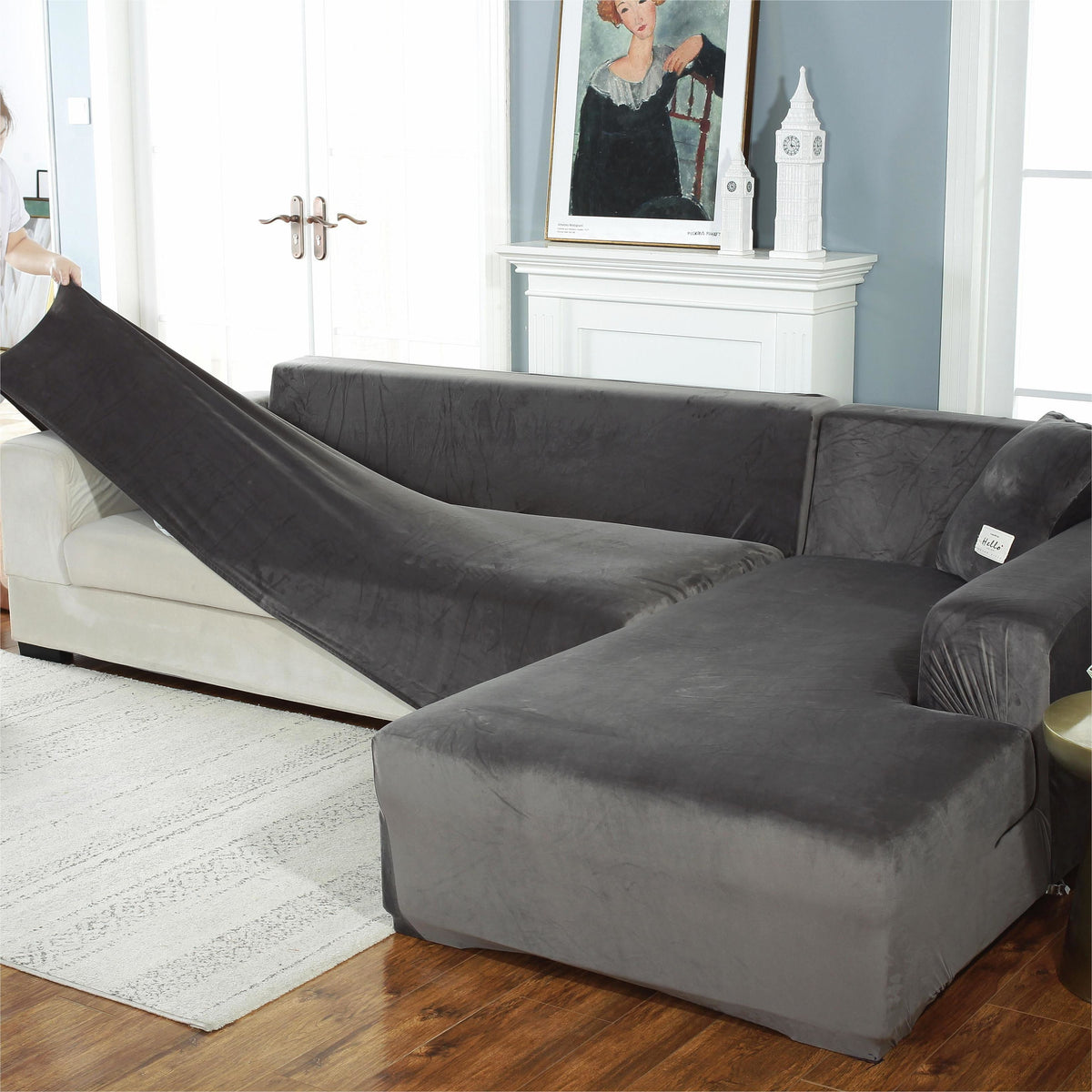 Ecksofa-Bezug aus Samt in L-Form – Grau – Ansicht 3