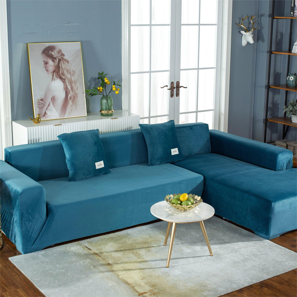 Ecksofa-Bezug aus Samt in L-Form – Seeblau – Ansicht 1