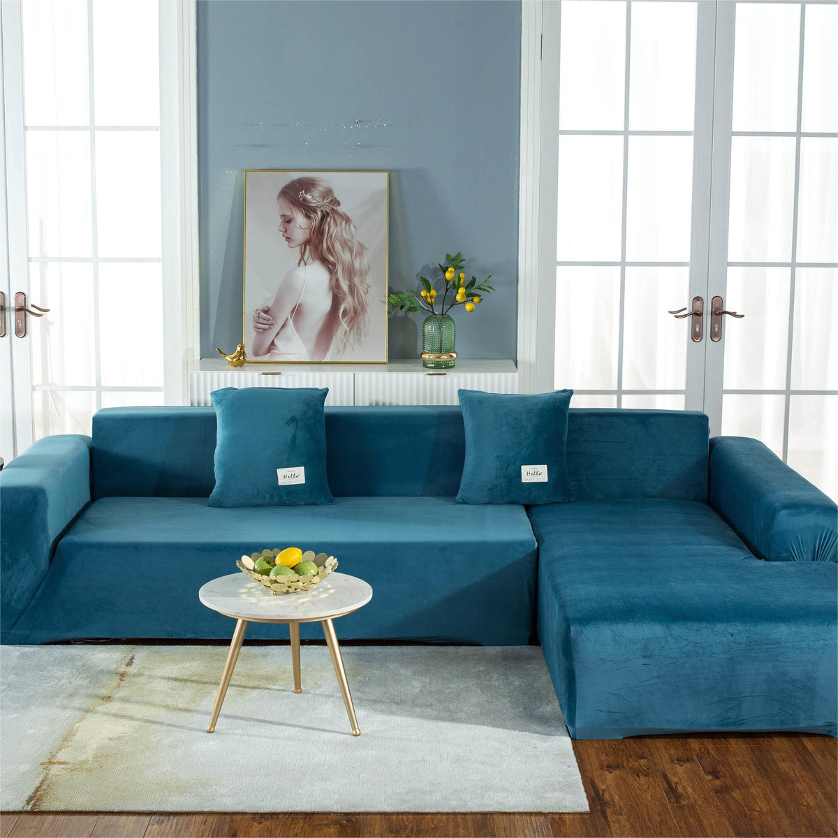 Ecksofa-Bezug aus Samt in L-Form – Seeblau – Ansicht 2