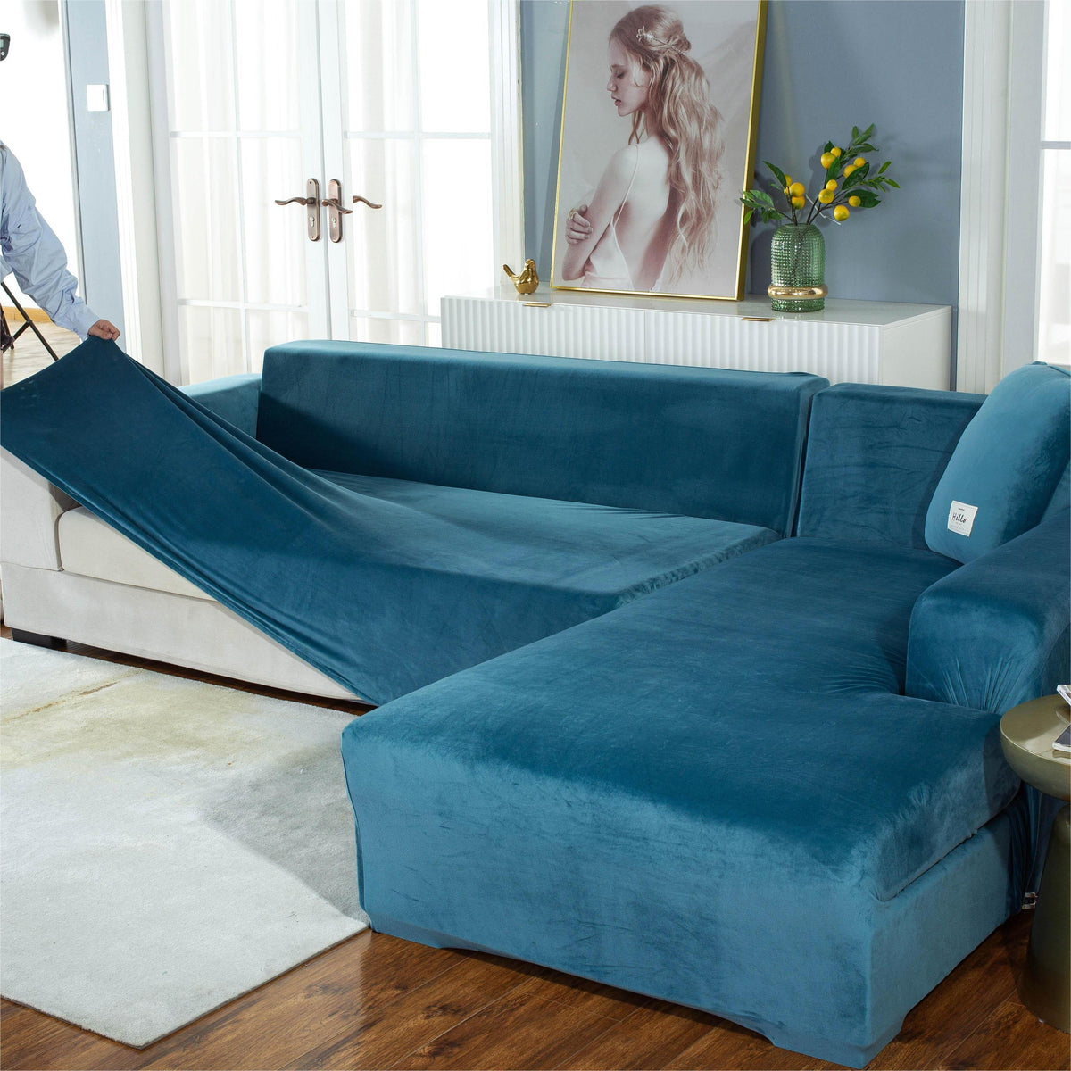 Ecksofa-Bezug aus Samt in L-Form – Seeblau – Ansicht 3