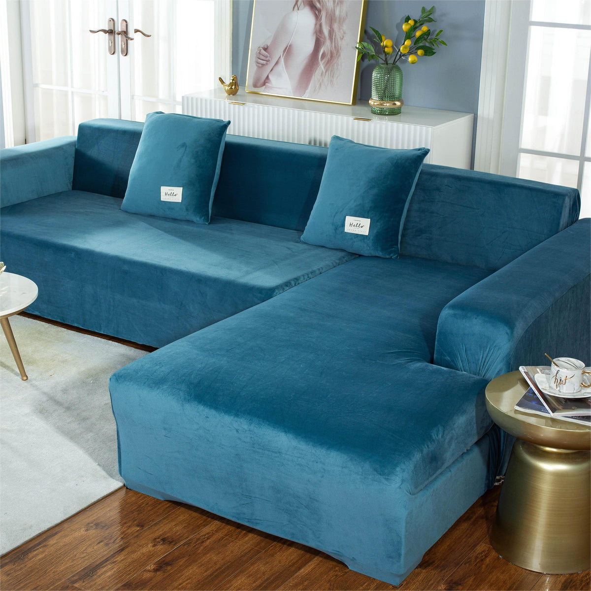 Ecksofa-Bezug aus Samt in L-Form – Seeblau – Ansicht 4