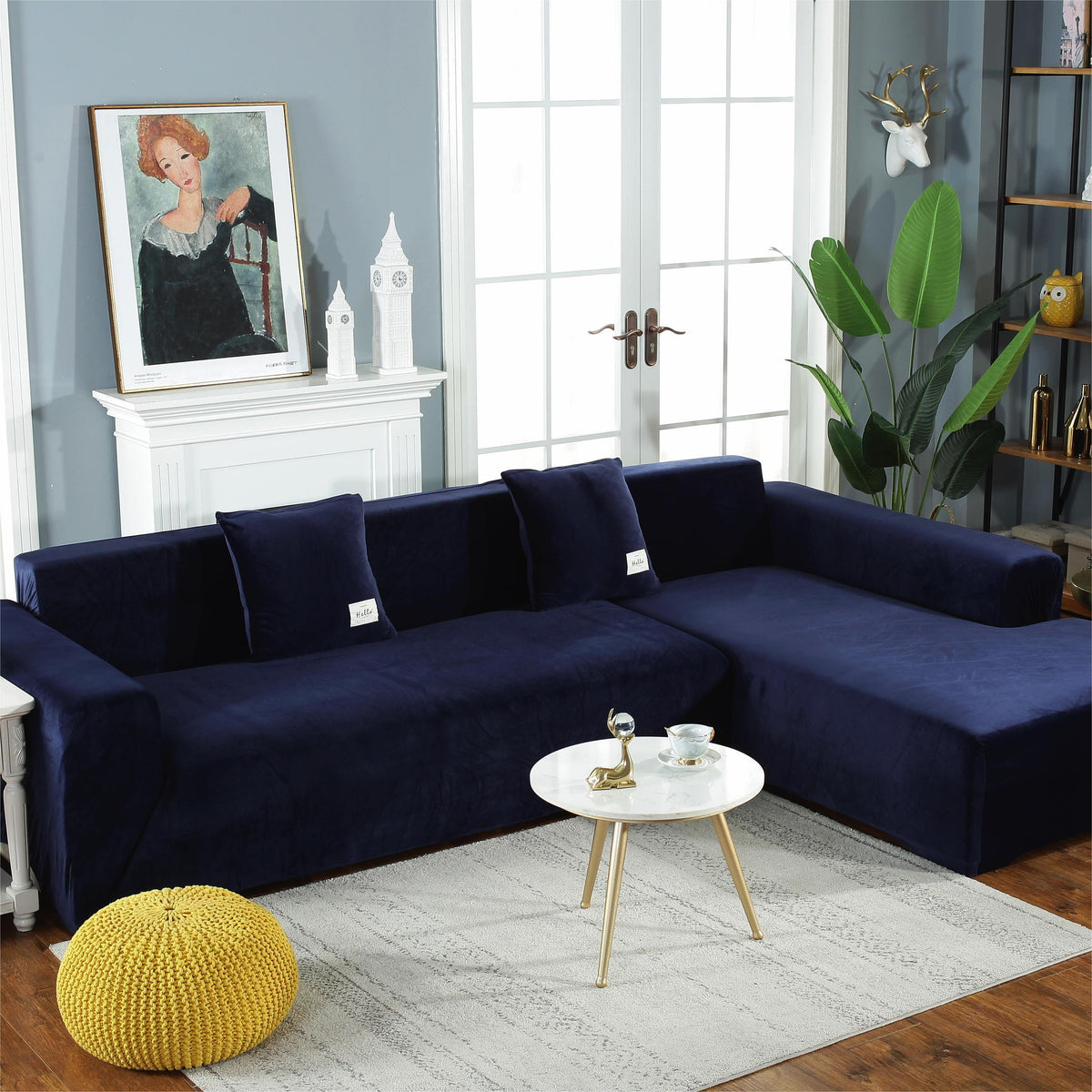 Ecksofa-Bezug aus Samt in L-Form – Marineblau – Ansicht 1