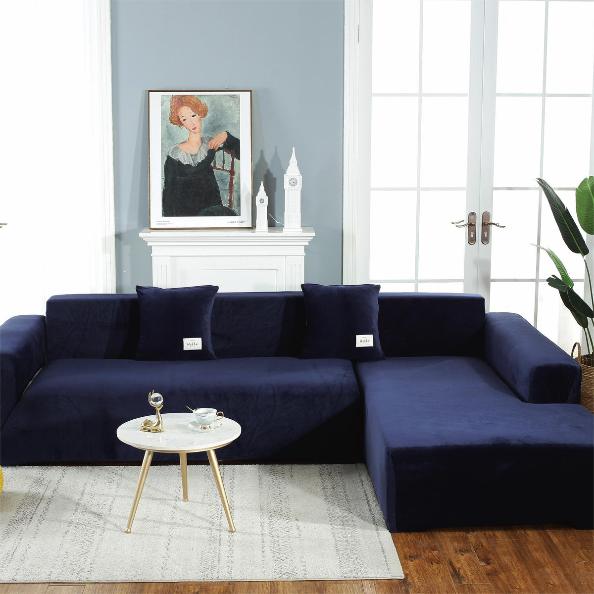 Ecksofa-Bezug aus Samt in L-Form – Marineblau – Ansicht 2