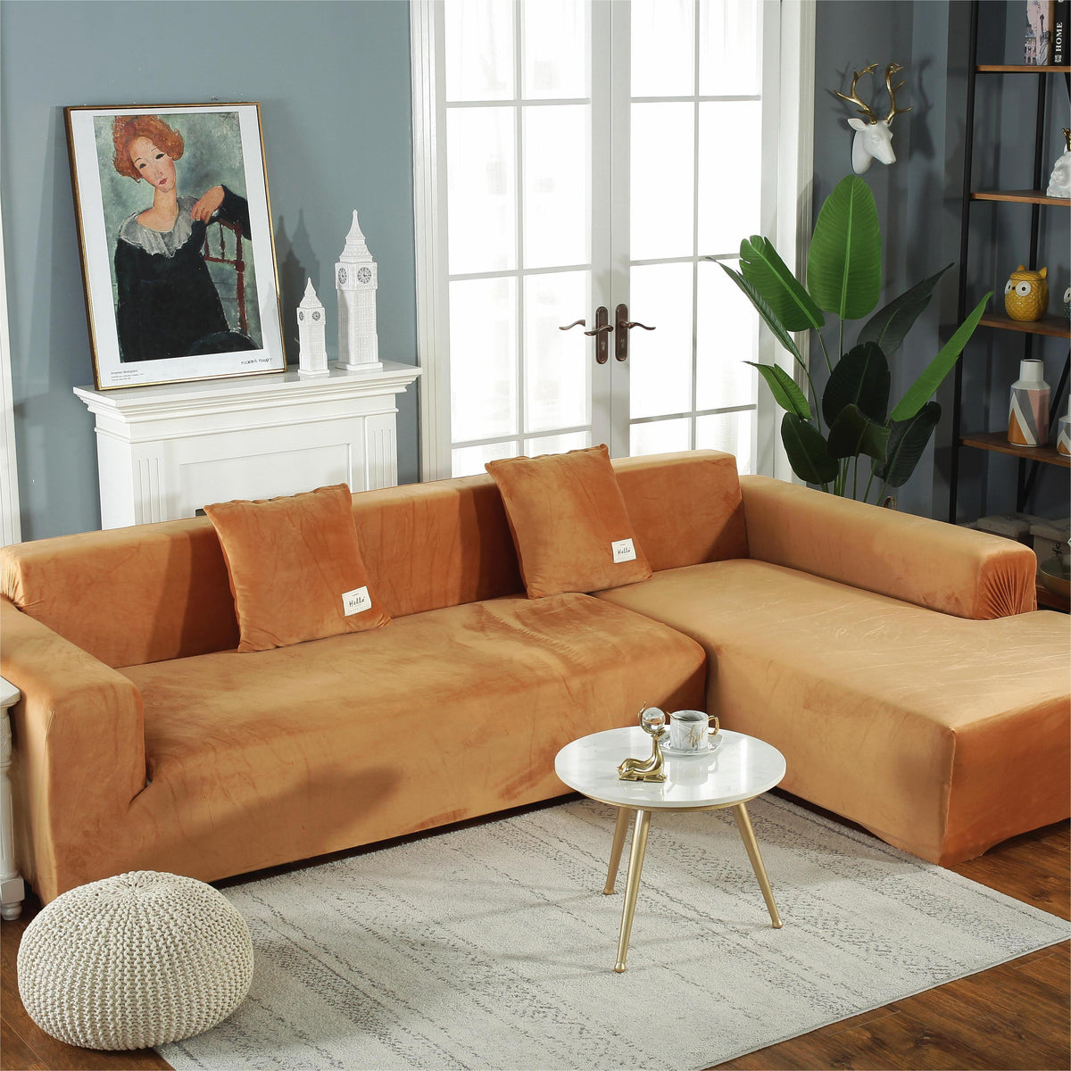 Ecksofa-Bezug aus Samt in L-Form – Orange – Ansicht 1