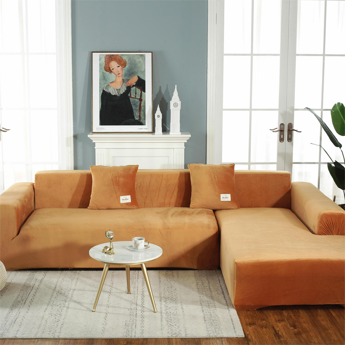 Ecksofa-Bezug aus Samt in L-Form – Orange – Ansicht 2