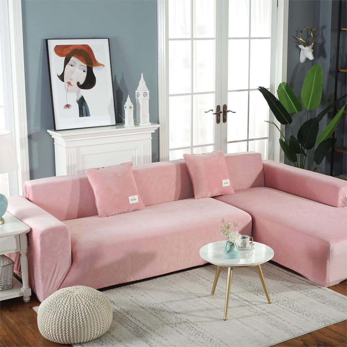 Ecksofa-Bezug aus Samt in L-Form – Rosa – Ansicht 1