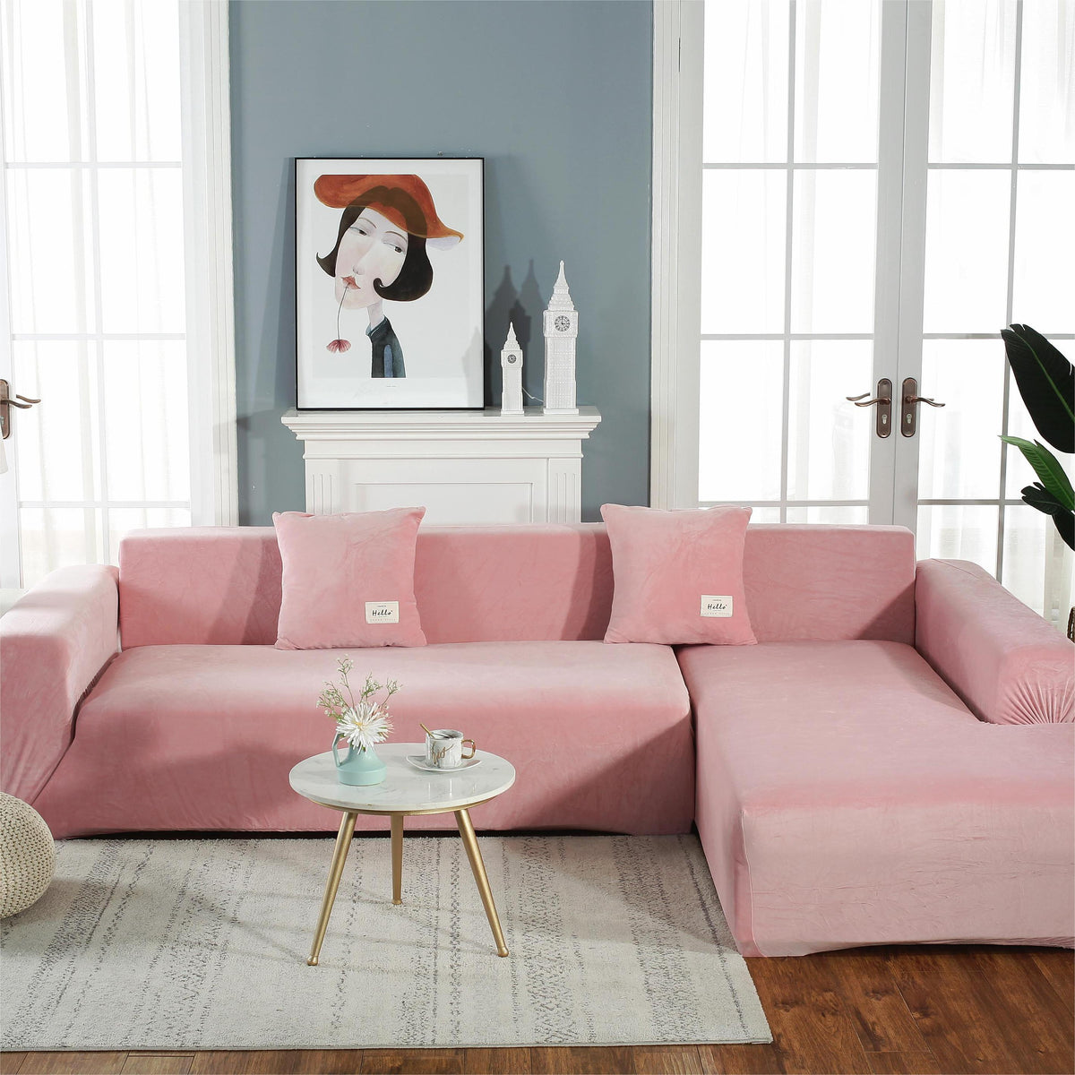 Ecksofa-Bezug aus Samt in L-Form – Rosa – Ansicht 2