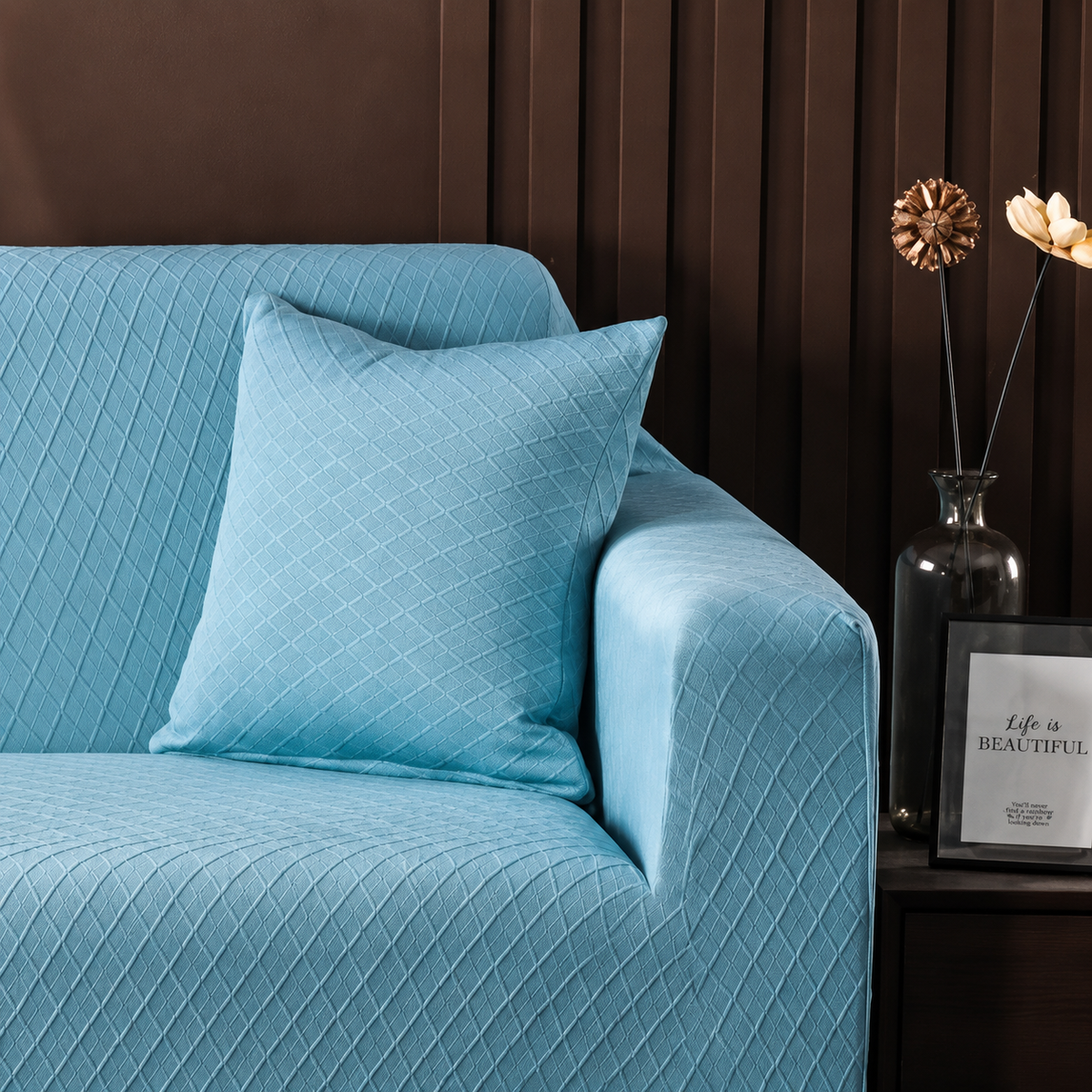 Kissenhülle aus Jacquard mit Rautenmuster – Himmelblau – Ansicht 1
