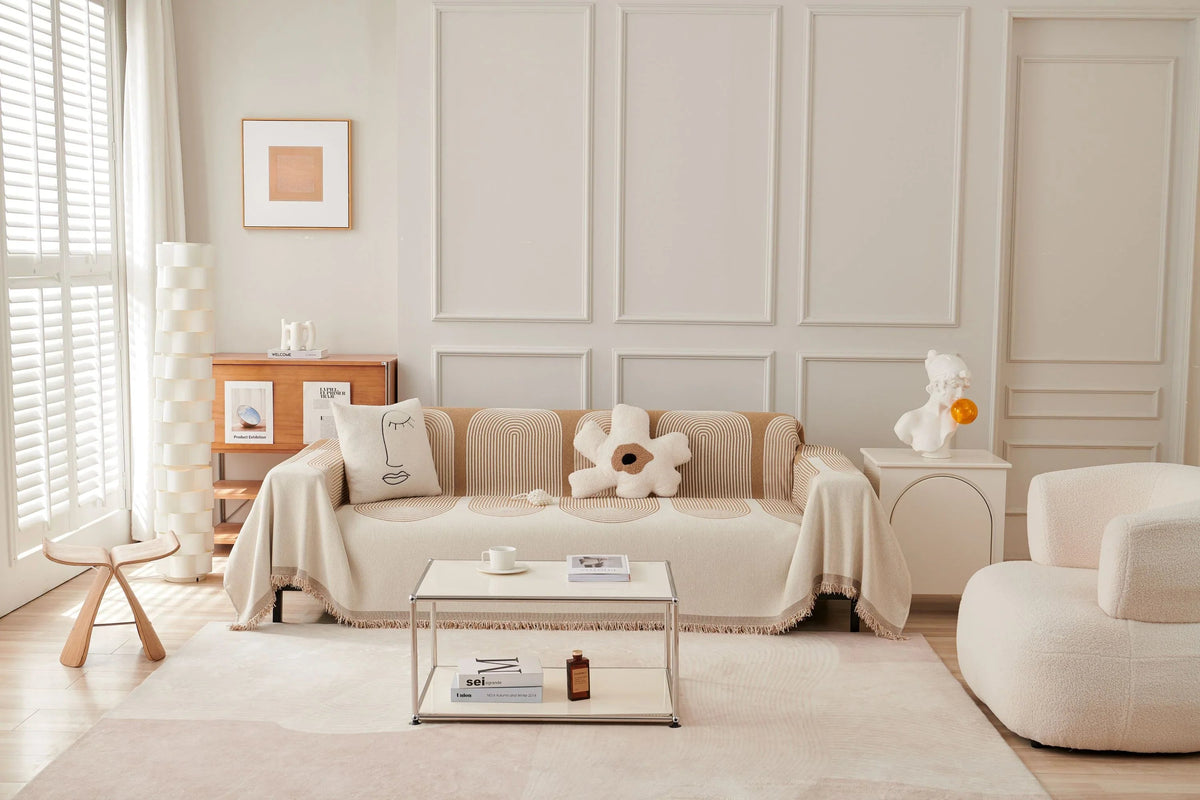 Chenille-Sofaüberwurf mit Fransen – Sandbeige – Ansicht 1