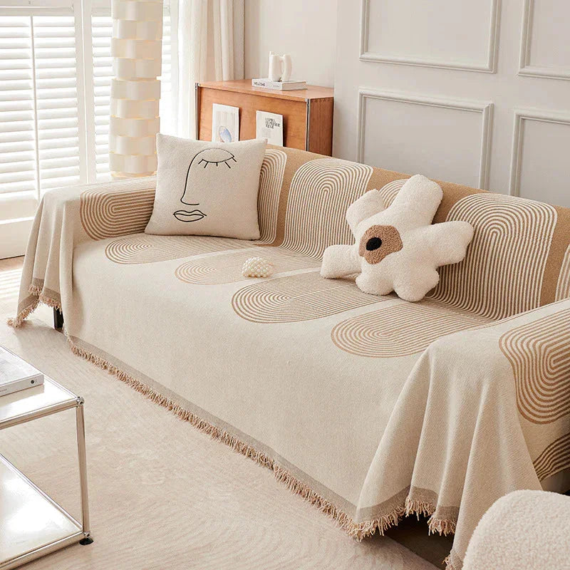 Chenille-Sofaüberwurf mit Fransen – Sandbeige – Ansicht 2