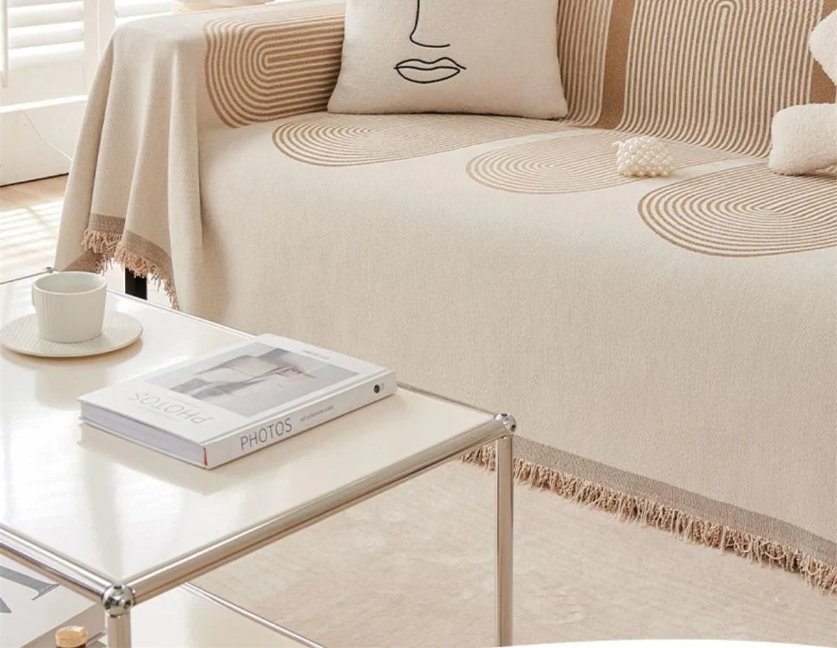 Chenille-Sofaüberwurf mit Fransen – Sandbeige – Ansicht 3