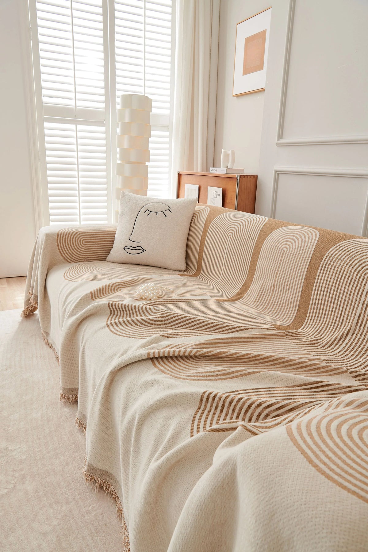 Chenille-Sofaüberwurf mit Fransen – Sandbeige – Ansicht 4